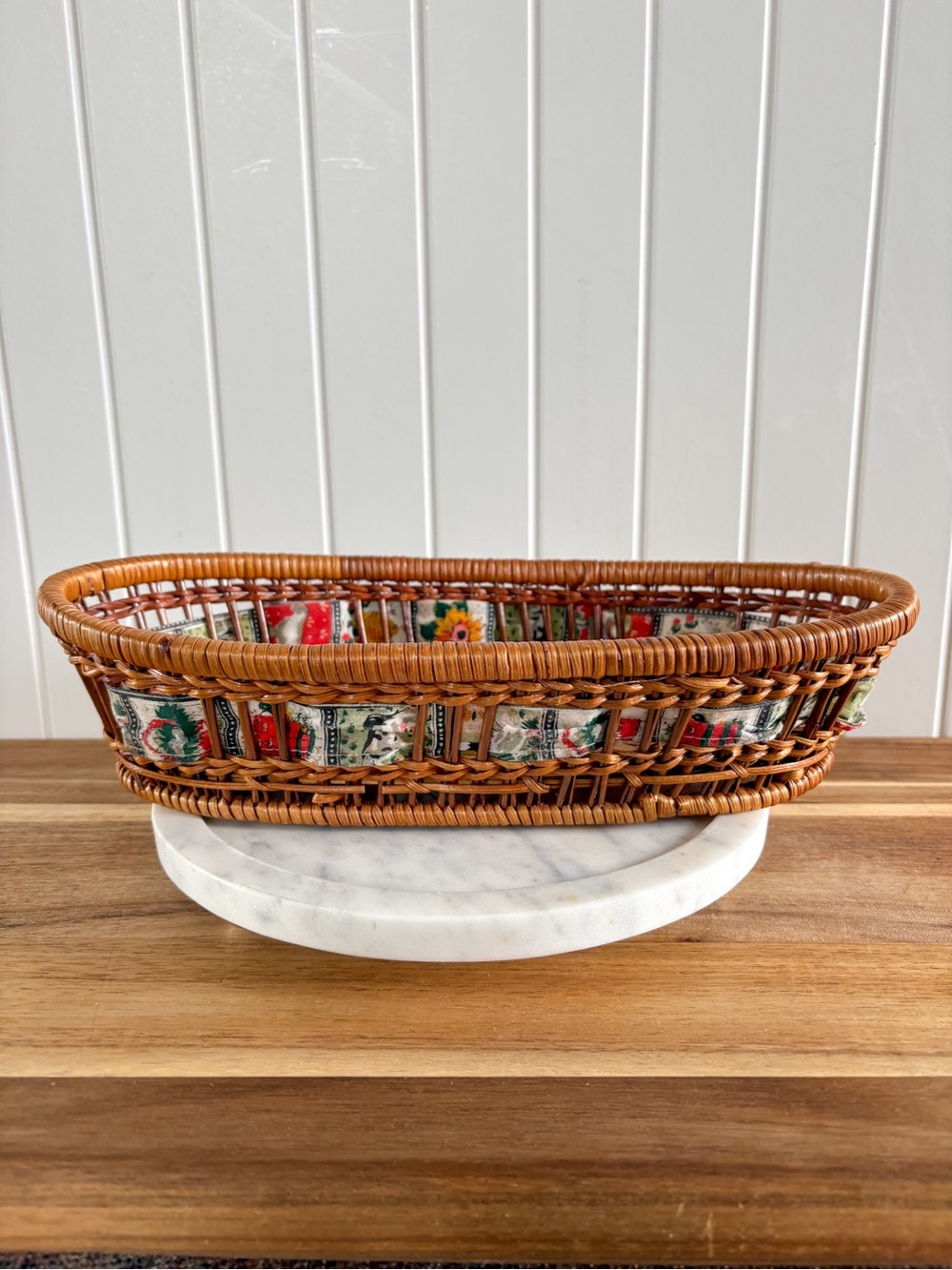Woven Rattan Oval Basket with Printed Ribbon Cottagecore Decor